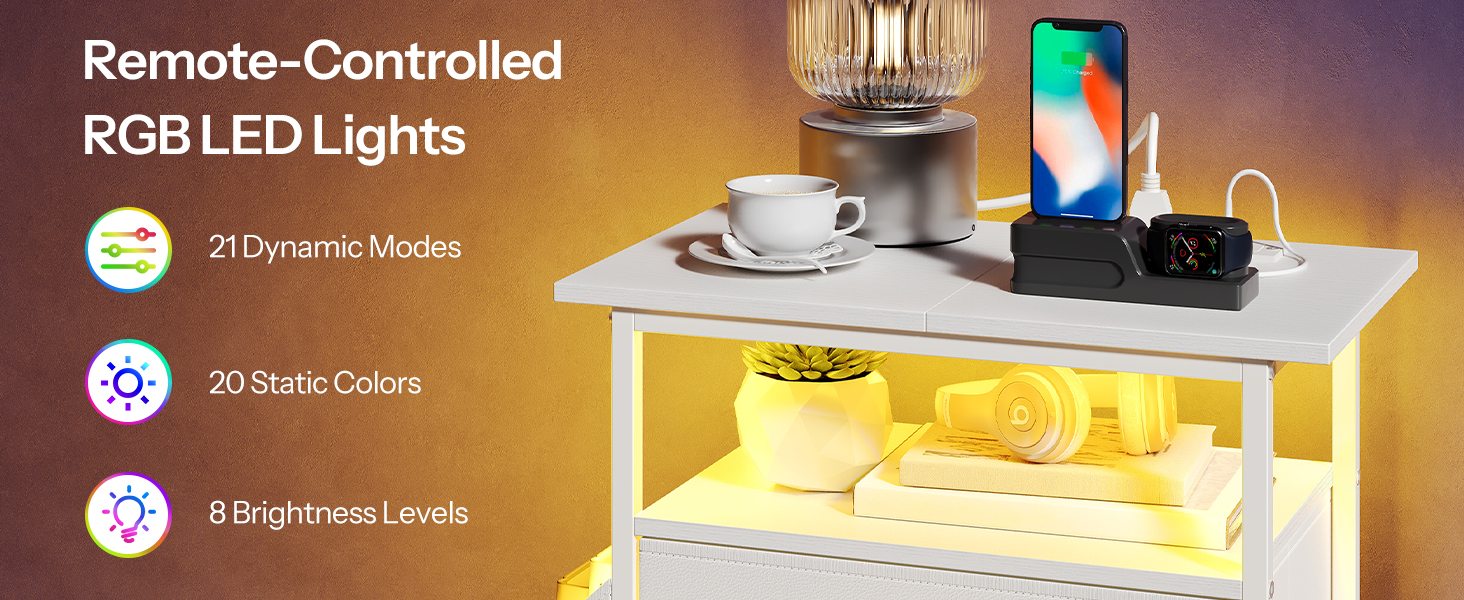 Nightstand with Charging Station and LED Light, End Table with Fabric Drawers and Side Pocket, Side Table with Outlet and USB Ports, Night Stand for Bedroom, White