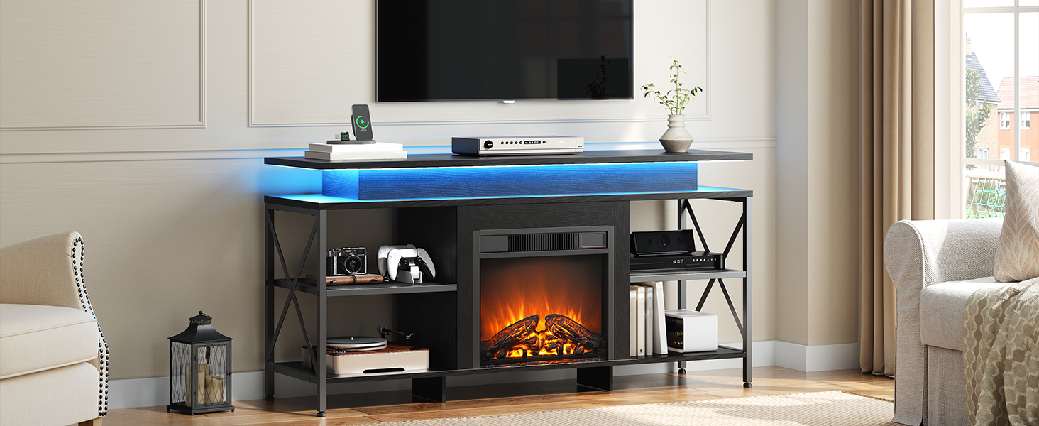 Krbový TV stojan HOOBRO s LED světly, Elektrický krbový TV stojan s nabíjecí stanicí, Moderní zábavní centrum s krbem, Media TV konzole, pro televizory až 65 Palec, Černý