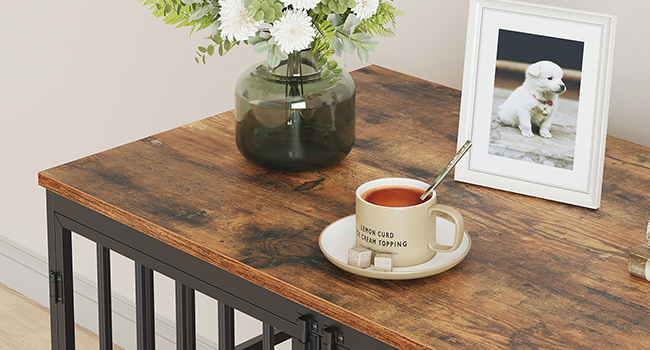 Velký psí bednu nábytek, Dřevěná vnitřní bouda pro psy, Pevná klec pro velké a středně velké psy, Dekorativní boční koncový stolek, Rustikální hnědá & Černý