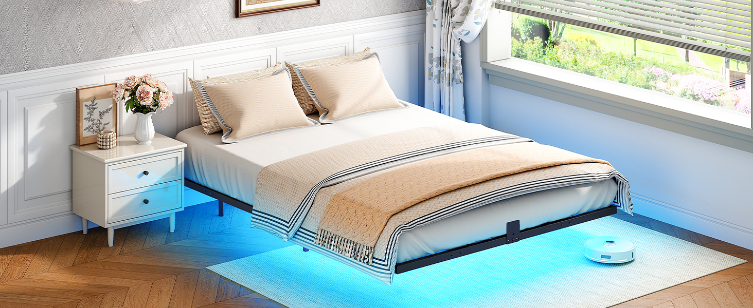 160×200cm Metal Double Bed Frame with LED Lighting and Charging Station, Quiet Stable Guest Bed for Bedroom & Гостевая комната, Легкая сборка, Черный