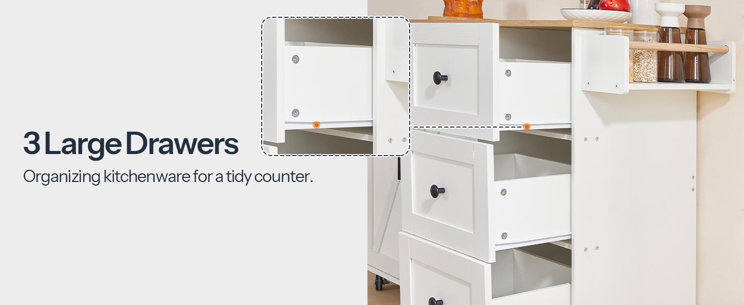 Kücheninsel mit Steckdose, Rollbarer mobiler Kücheninselwagen mit 3 Schubladen, Lagerschrank und einstellbares Regal, Geeignet für Zuhause und Küche, Weiß und natürlich