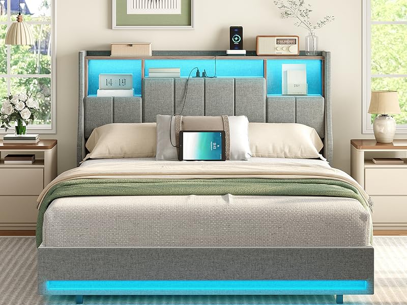 Gray Queen Size Upholstered Platform Bed Frame with Storage Headboard, RGB LED Lighting and Integrated Charging Station, Metal and Wooden Slat Construction, Не требуется коробчатая пружина