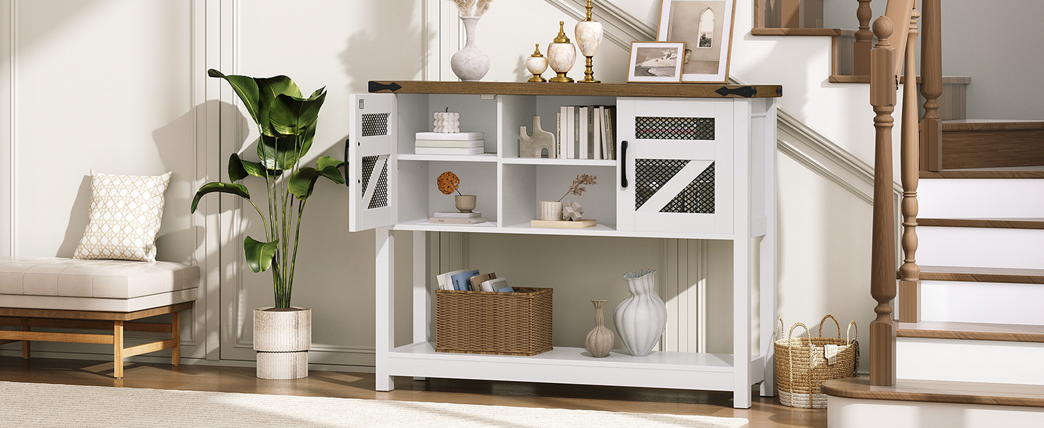 Farmhouse-Style Console Table with Storage, 110cm Narrow Entryway Table Featuring Open Shelf and 2 Cabinets, Multifunctional Sofa Side Table for Living Room, White & Walnut Finish