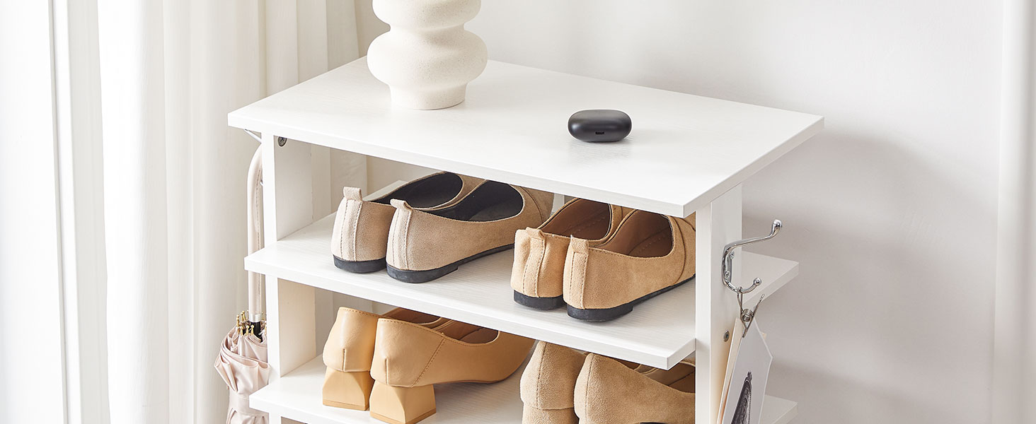 White 10-Tier Vertical Wooden Shoe Rack with Side Hooks, 20-Pair Narrow Storage Tower, Space-Saving Organizer for Entryway, Living Room and Bedroom