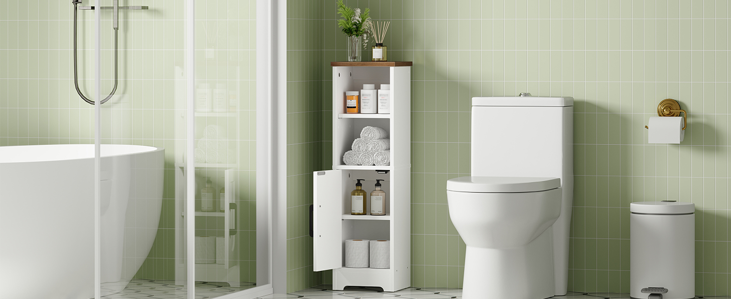 Freestanding Narrow Corner Bathroom Storage Cabinet with 2 Adjustable Shelves, White & Walnut Space-Saving Floor Cabinet for Small Spaces