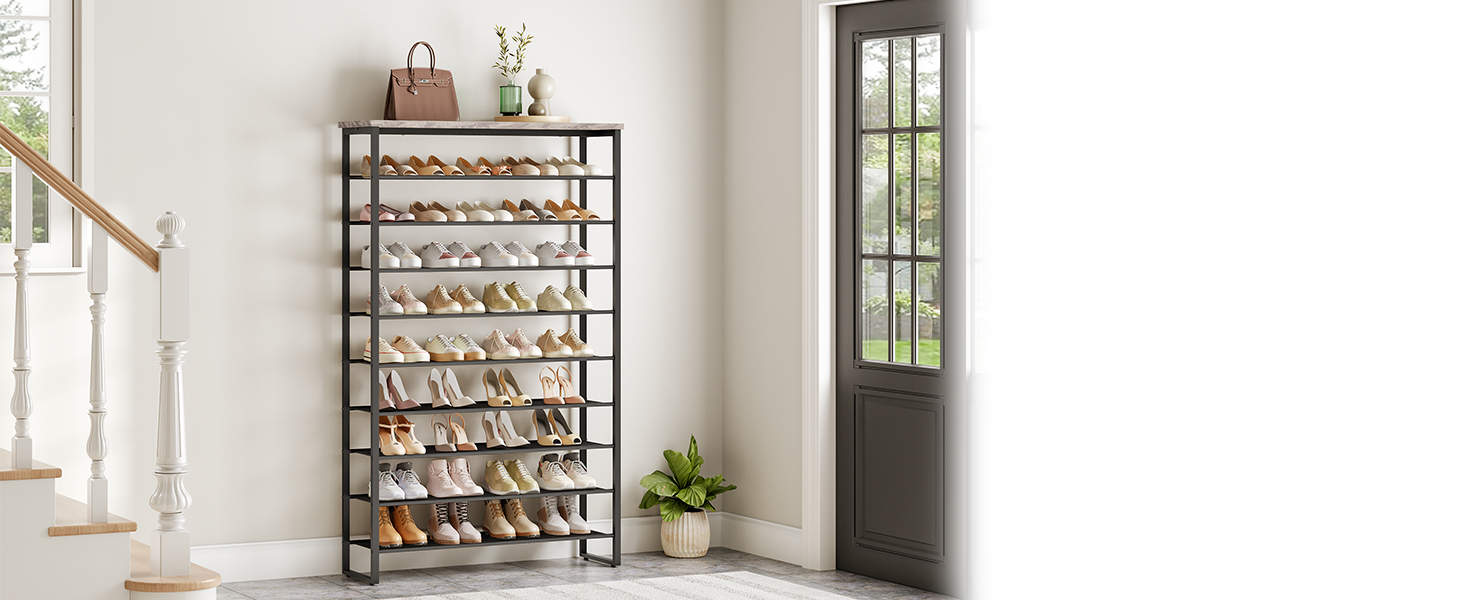 10-Tier Metal Mesh Shoe Rack, Grey and Black 100cm Wide High-Capacity Storage Organizer, 45-50 Pair Shoe Shelf for Entryway, Closet and Hallway