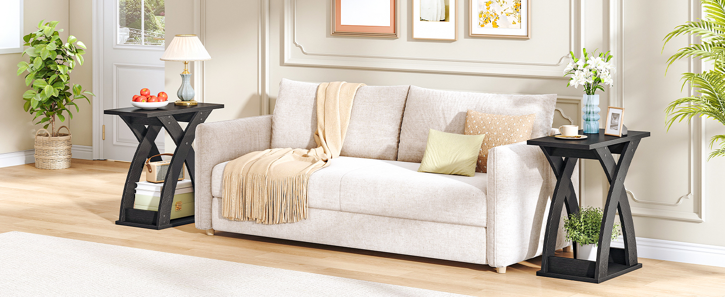 Narrow End Table with X-Shaped Support Structure, 2-Tier Slim Side Table with Storage Shelf, Space-Saving Bedside Furniture for Living Room, Bedroom and Compact Spaces, Black Finish