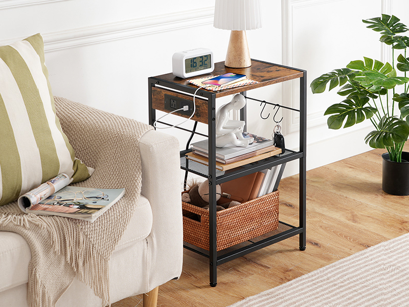 Stojan na průmyslovou tiskárnu HOOBRO, 3-Tabulka mobilní tiskárny úrovně, Rolling Cart s vývody napájení a porty USB, Domácí tiskárna 2 Háčky, pro kancelář, Obývací pokoj, Rustikální hnědá