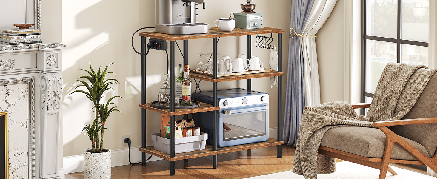 Plug-in Kitchen Shelf, Microwave Storage Unit with 5 S-Hooks, Rustic Brown & Black Multifunctional Coffee Bar Organizer for Kitchen and Living Room