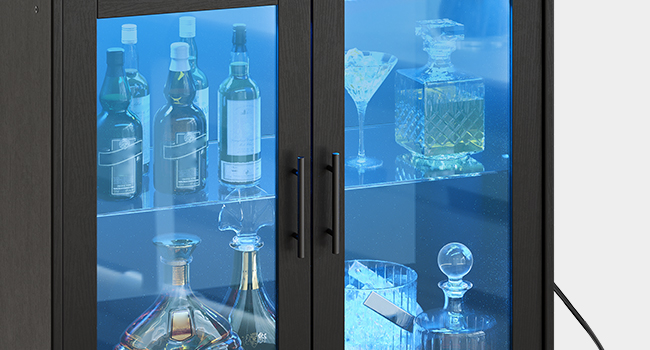 Wine Bar Cabinet with Storage, LED Liquor Cabinet with Power Outlets, Tempered Glass Door Coffee Bar Cabinet for Liquor and Glasses, Suitable for Bar, Dining Room, Kitchen, Black