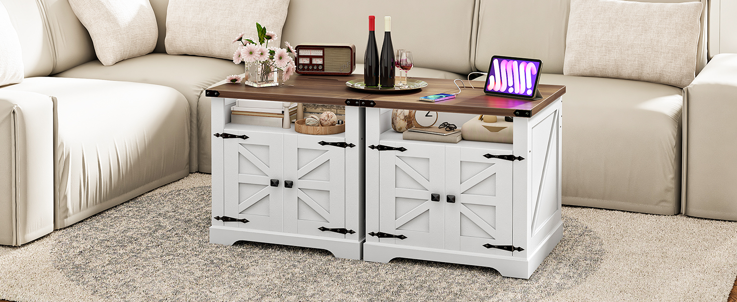 طاولة نهاية المزرعة البيضاء مع محطة الشحن, 24" غرفة معيشة طاولات نهاية كبيرة, طاولة جانبية أريكة مع باب الحظيرة, طاولة سرير من ناشئة مربع خشبية, فليب توب, الأبيض والجوز