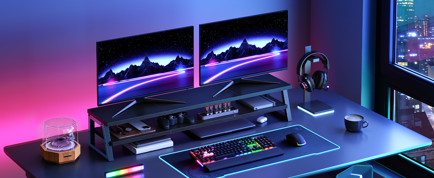 2-Tier Dual Monitor Stand Riser, 39-Inch Large-Capacity Monitor Elevation Shelf for 2 Monitors, Multi-Functional Desk Organizer for Office Workspace & Accessories, Black