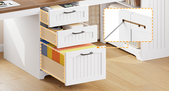 94.5-Inch Double Workstation Desk with Power Module, Farmhouse Style 2-Person Office Desk with Drawers, A4/Letter Size Compatible, Adjustable Shelves, White & Walnut Finish