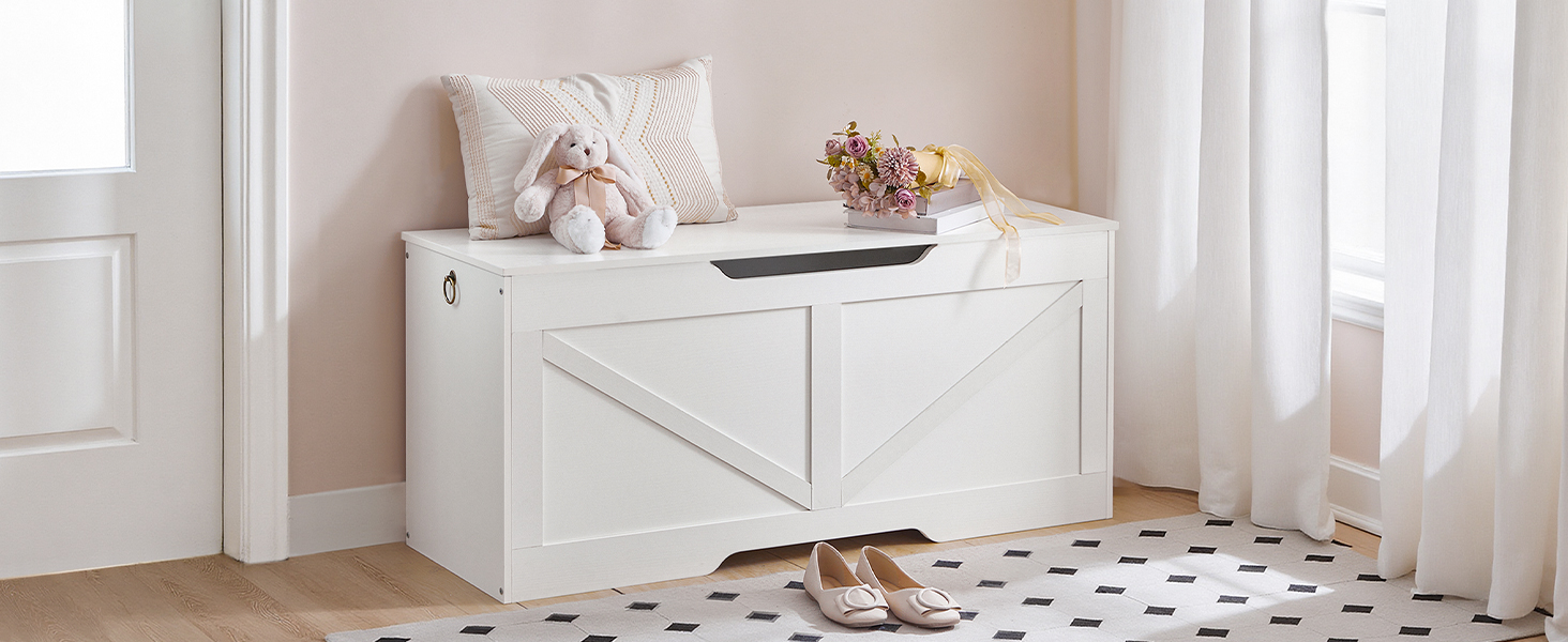 مقعد تخزين مع غطاء, صندوق تخزين الألعاب بمقابض, 110سم صندوق مستقر قوي, مناسبة للأطفال, المدخل, غرفة الجلوس, أبيض
