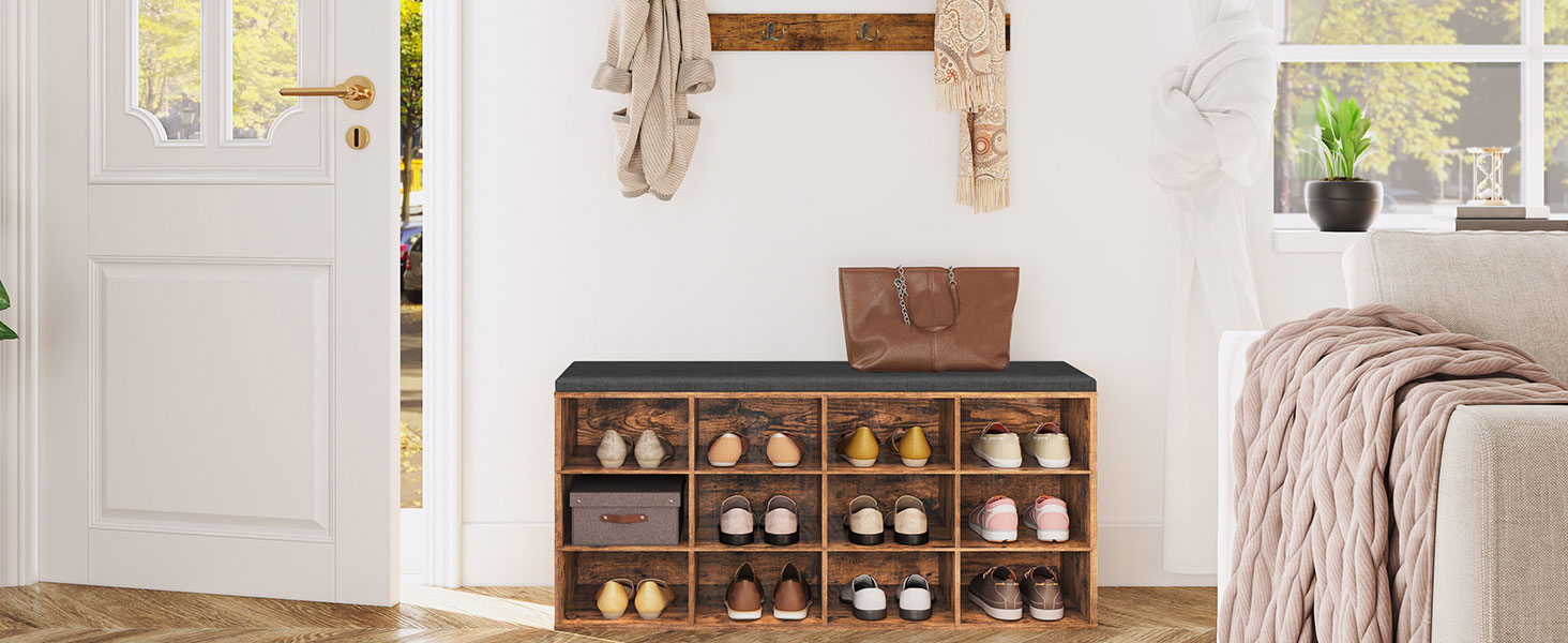 Shoe Storage Bench with Cushion, 100cm Entryway Bench with 12 Cubbies, Entryway Hall Tree with Storage, Shoe Cabinet with Coat Rack for Bedroom, Hallway