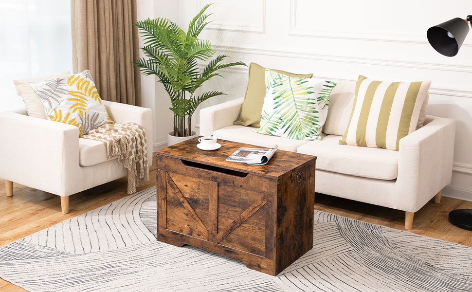 Aufbewahrungstruhe aus Holz, Aufbewahrungsbank mit Verriegelungsmechanismus, Retro-Spielzeugkisten-Organizer mit Sicherheitsscharnier, Stabile Spielzeugtruhe, 75 x 40 X 50.5 cm, Einfache Montage, Rustikales Braun