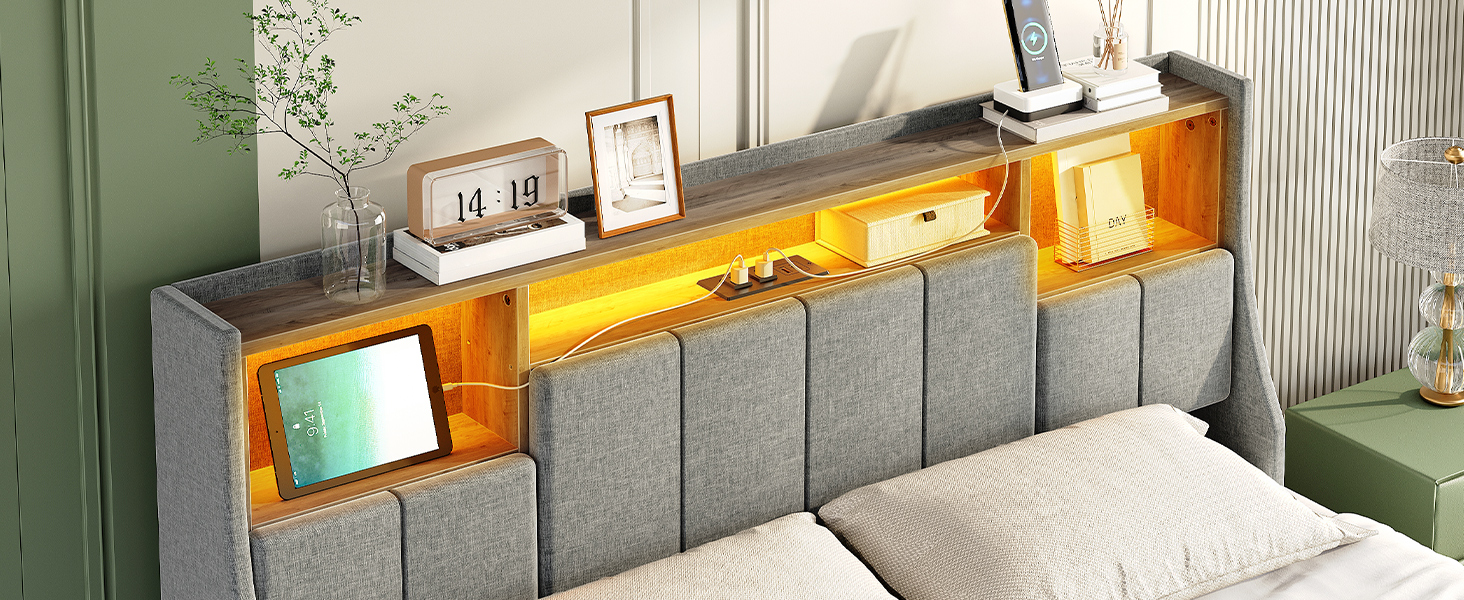 Gray Queen Size Upholstered Platform Bed Frame with Storage Headboard, RGB LED Lighting and Integrated Charging Station, Metal and Wooden Slat Construction, Не требуется коробчатая пружина