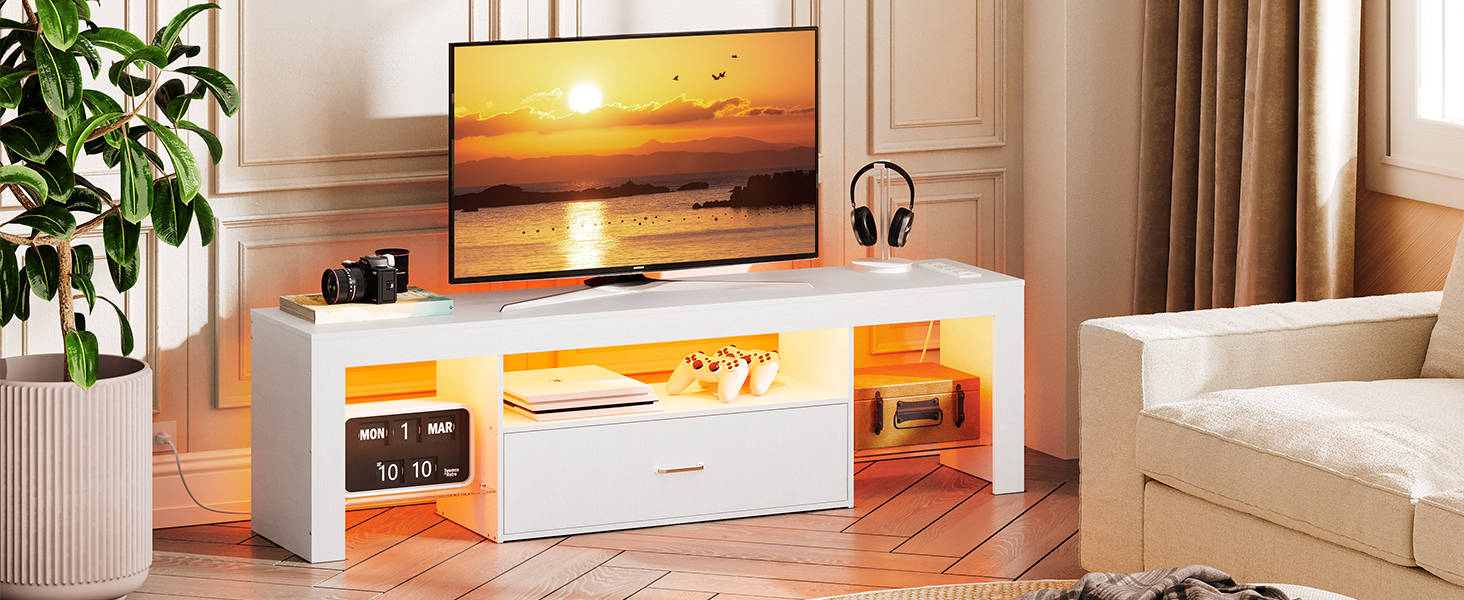 White LED TV Stand with Power Outlets, Compatible with Up to 65-inch TVs, Gaming Entertainment Center with Glass Shelves and Large Drawer, Modern Media Console for Living Room and Bedroom