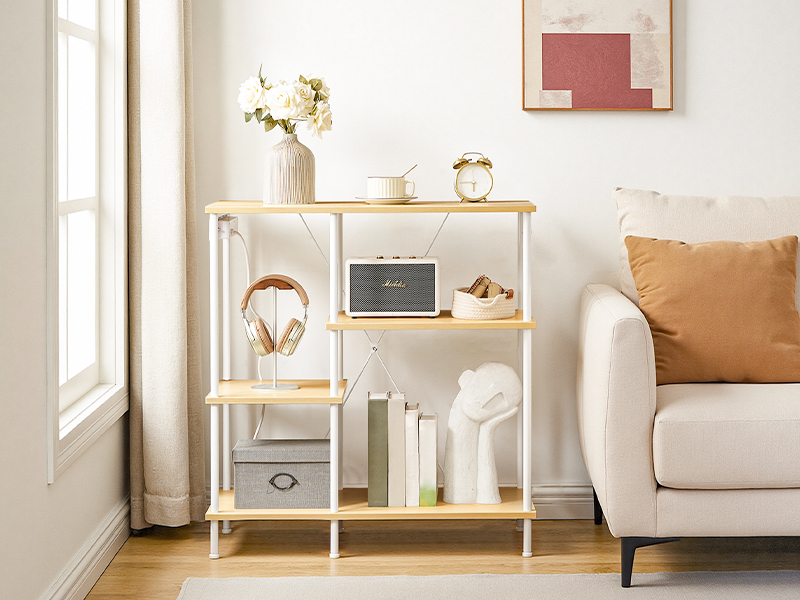 Kitchen Standing Shelf with Sockets, Baker's Rack with 5 S-Hooks, Microwave Storage Shelf with Worktop, Multifunctional Storage Unit for Kitchen and Living Room