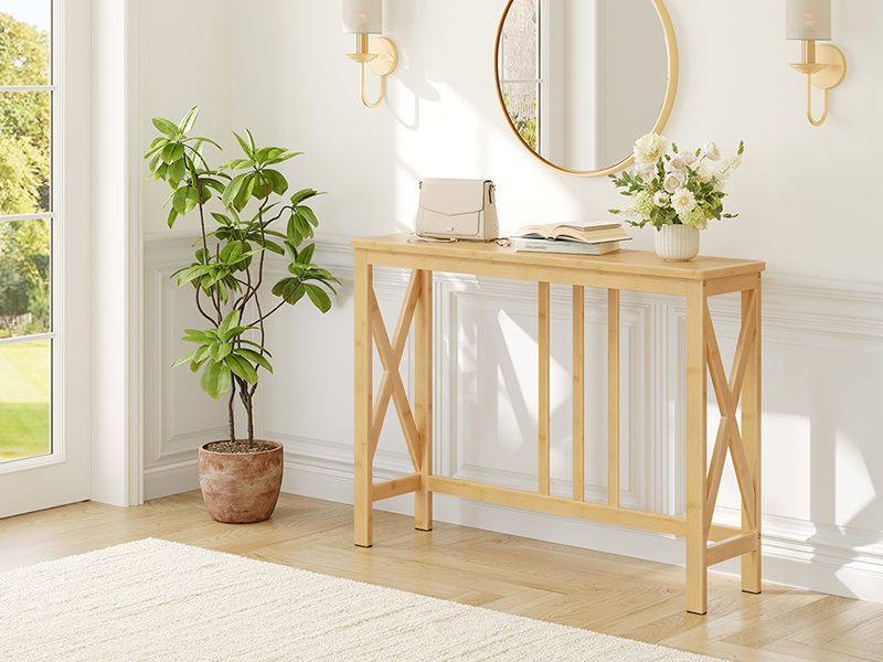 Smalle consoletafel, 39.4 Inch-instaptafel met X-vormige zijframes, Bamboe banktafel voor kleine ruimtes, Moderne halaccenttafel, Geschikt voor woonkamer en hal, Natuurlijke afwerking