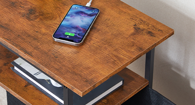 Narrow Bedside Table with Charging Station, Equipped with 2 Non-Woven Drawers, Slim Side Table with USB Ports and Power Outlets, Space-Saving Design for Small Areas, Rustic Brown and Black