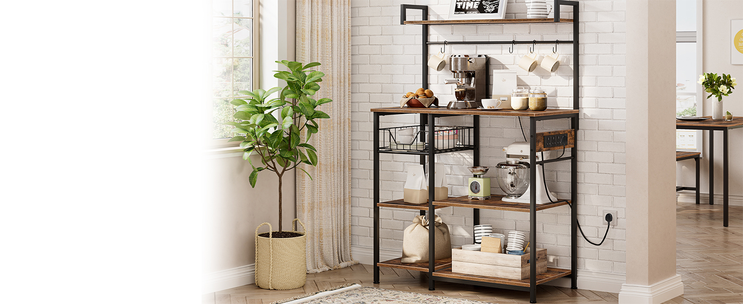 Kitchen Storage Rack with Integrated Power Outlet, Industrial Bakers Rack, Coffee Station Equipped with 4 S-Hooks, Multifunctional Microwave Stand with Storage Shelves, Easy Assembly, Rustic Brown & Black