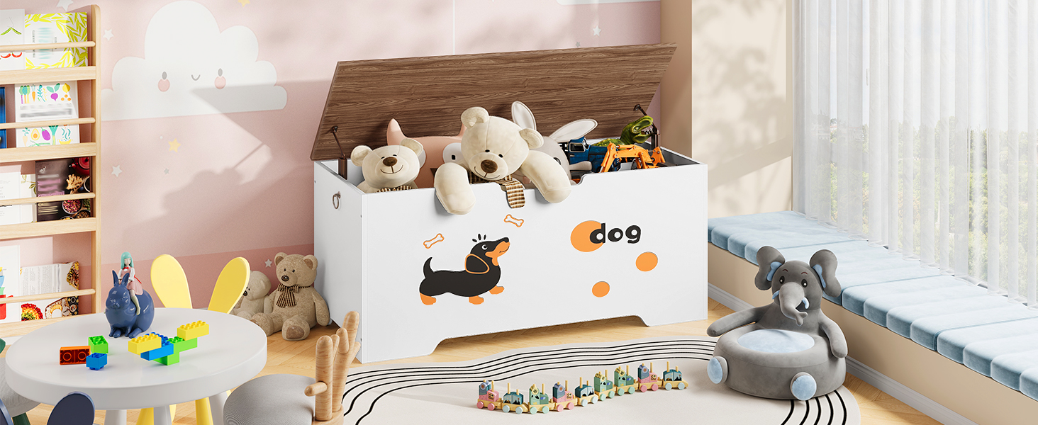 صندوق تخزين الألعاب مع 2 مفصلات السلامة, مقعد تخزين خشبي متعدد الوظائف, مناسبة للمدخل, غرفة النوم وغرفة المعيشة, أبيض & جوز