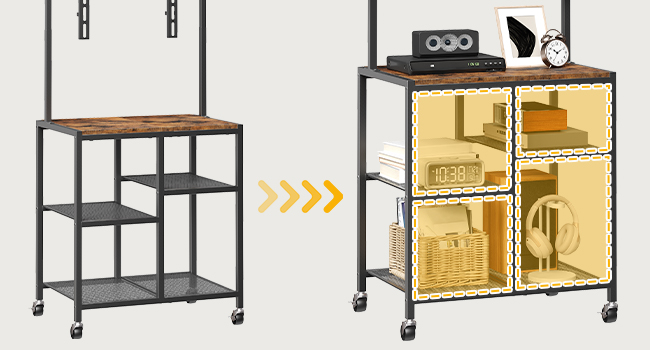 Mobile TV Stand with Wheels and Mount, Suitable for 50 Inch TVs, Corner Rolling Entertainment Center with Storage Shelves, for Small Spaces, Living Room, Bedroom, Study, Rustic Brown