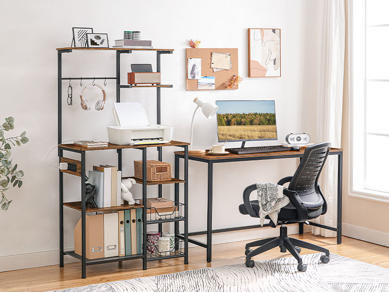 Large Bakers Rack with Power Outlets, 6-Tier Microwave Stand with 4 Hooks, Coffee Bar, Kitchen Shelf with Wire Basket, for Kitchen, Living Room, Office, Rustic Brown and Black