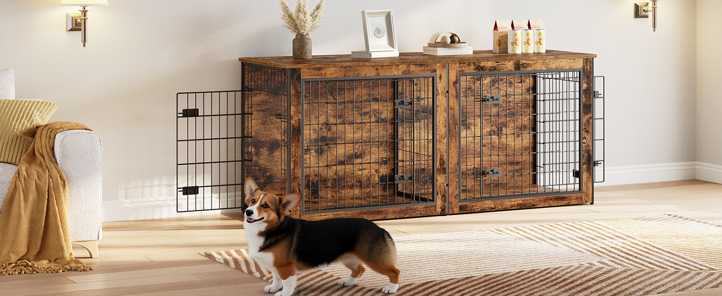 Dual-Dog Crate Furniture, 160cm Large Double Dog Kennel with Removable Divider, Wooden Indoor Pet Crate TV Stand for Medium to Large Dogs, Rustic Brown