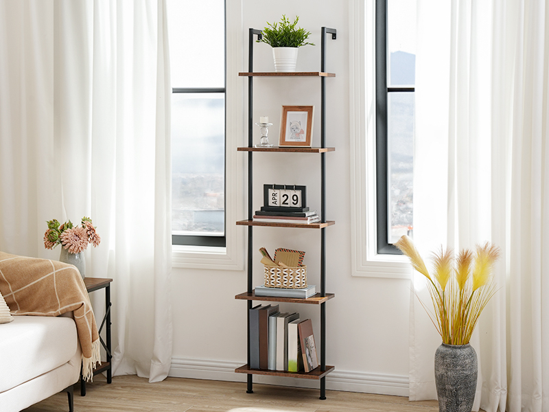 DIY 5-Tier Ladder Shelf, Wall-Mounted Wooden Narrow Bookcase, Multi-Functional Display Storage Rack & Plant Stand, Suitable for Living Room, Bedroom, Study & Balcony, Rustic Brown & Black