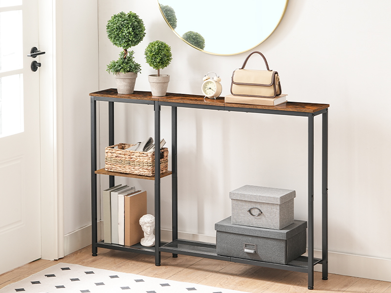 Rustic Brown & Black Narrow Console Table, Skinny Entryway Sofa Table with Storage Shelves, Suitable for Living Room, Foyer and Hallway