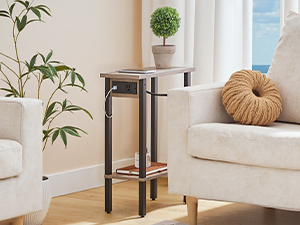 HOOBRO Narrow Side Table, 2-Tier Slim End Table with Charging Station, Skinny Nightstand with Open Storage, for Small Spaces, Living Room, Bedroom, Study, Grey and Black