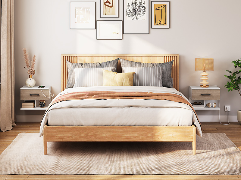 Set of 2 Hanging Bedside Tables with Charging Station and Drawer, 1 Standard Socket and 2 USB Ports, Suitable for Bedroom, White and Antique Grey