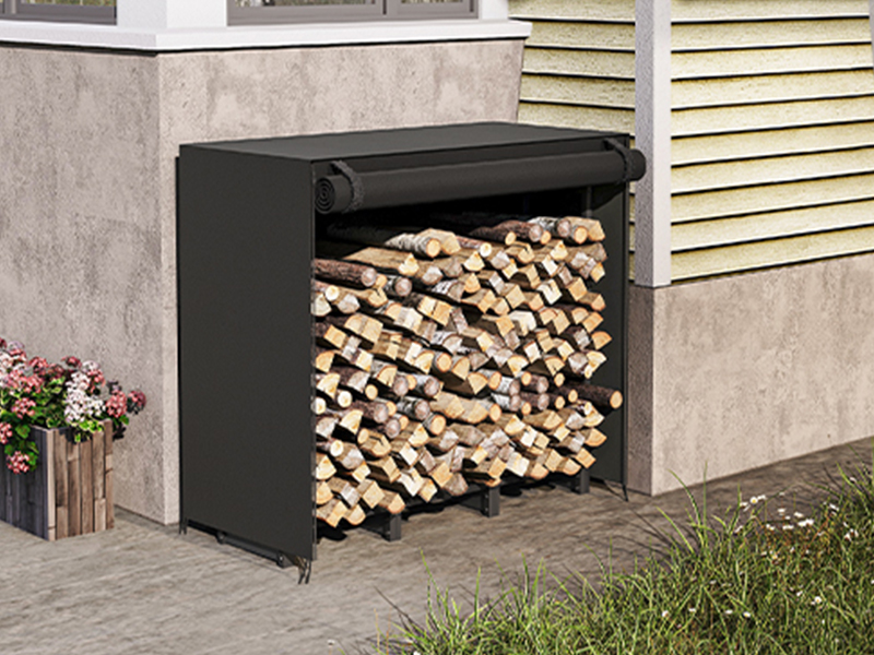 Svart 4ft ved Rack med deksel, Utendørs vedloggstativ, Justerbar loggholder med vanntett deksel, Peis tre lagring, Kraftig treholder, for innendørs og utendørs