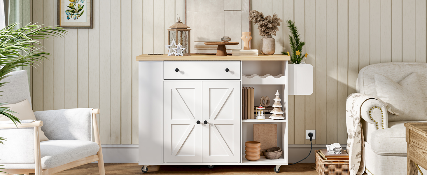 Mobile Kitchen Island Cart with Power Outlet, White & Natural Finish Rolling Storage Island with Cabinet, Wine Rack & Spice Rack