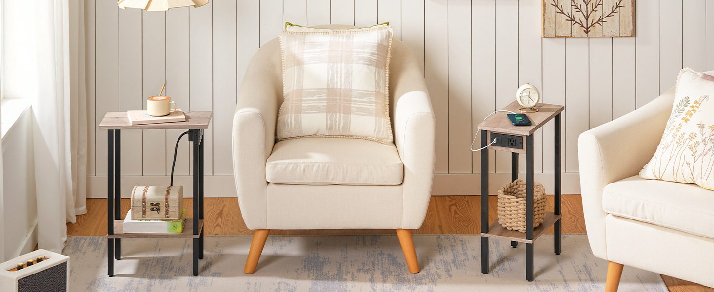 HOOBRO Narrow Side Table, 2-Tier Slim End Table with Charging Station, Skinny Nightstand with Open Storage, for Small Spaces, Living Room, Bedroom, Study, Grey and Black