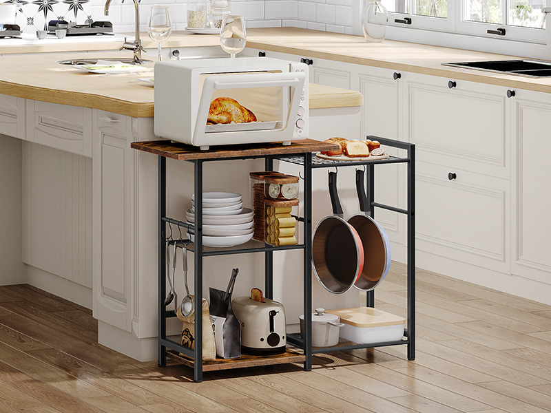 HOOBRO Baker's Rack, Kitchen Storage Rack, Microwave Stand Kitchen Island with 6 Hooks, 5 Shelves Industrial Standing Coffee Bar Station, Rustic Brown and Black