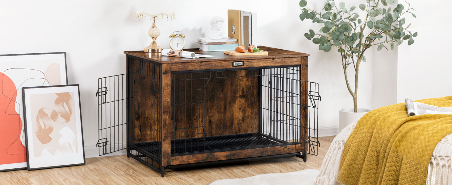 Hëlzent Hond Crate Miwwelen, XXXL Pet Cage mat Pull-Out Schacht, Multifunktionell Enn Dësch / Nuetsstand fir Indoor Gebrauch, Double-Dier Chew-resistent géint Design gëeegent fir kleng / mëttel / grouss Hënn