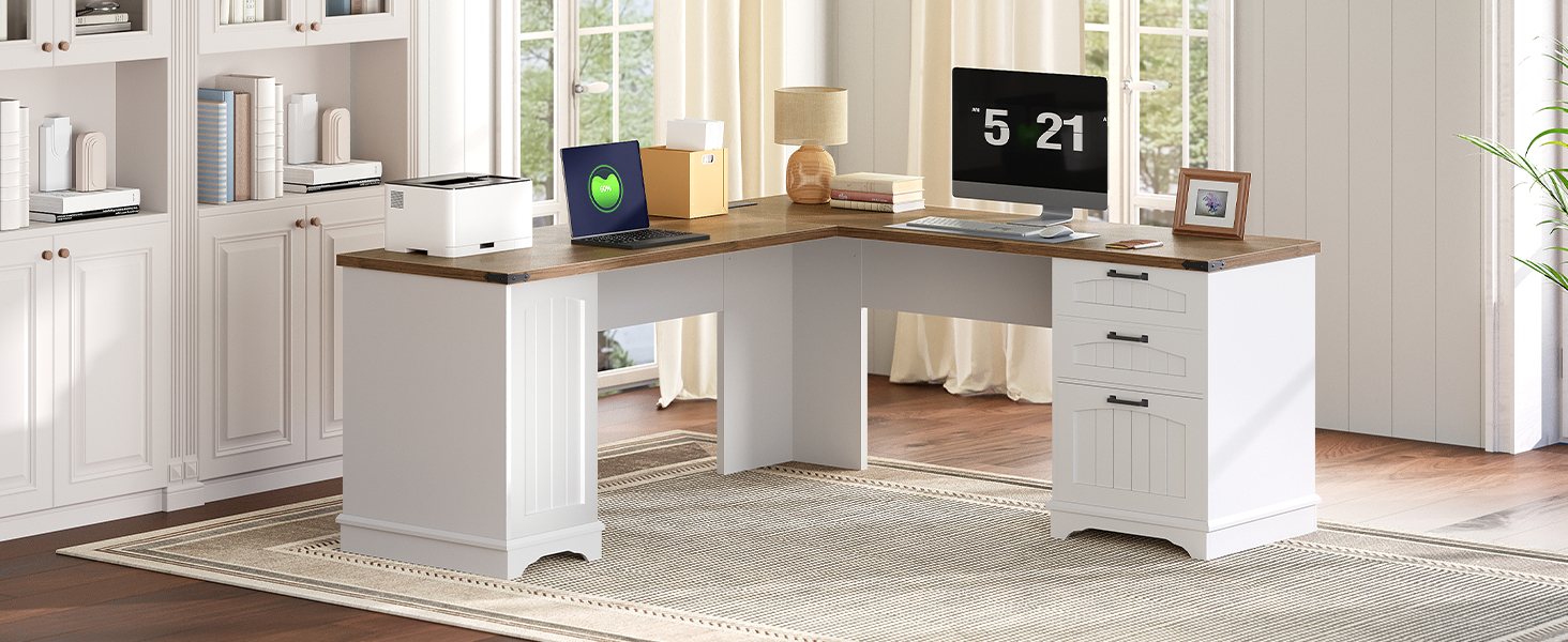 L-Shaped Corner Computer Desk with Integrated Charging Station, White & Walnut Wooden Home Office Desk with File Drawers and Adjustable Open Shelves