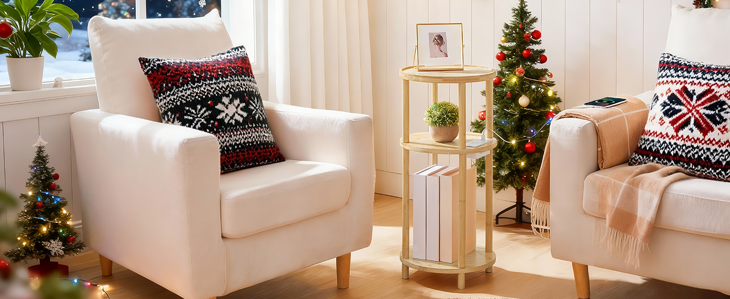 HOOBRO Small Round Side Table with Charging Station, 3-Tier Round Bamboo End Table, Compact Sofa Bedside Table for Small Space, Easy Assembly, for Living Room, Bedroom, Apartment, Natural