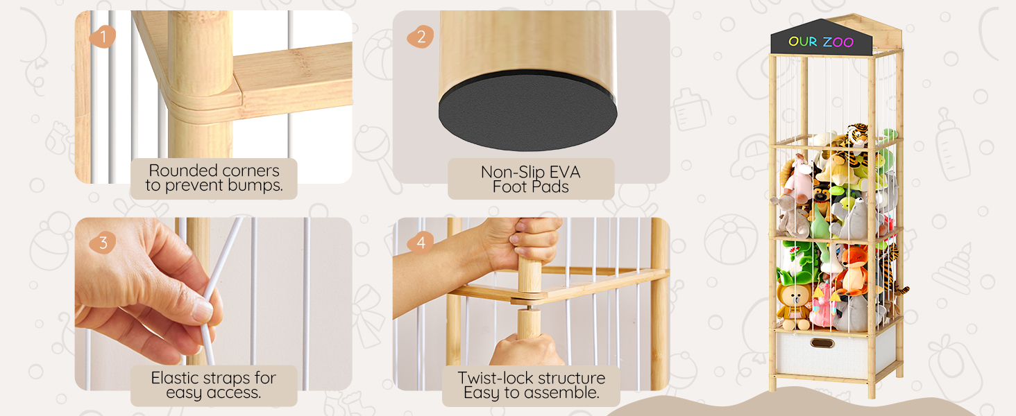 HOOBRO Stuffed Animal Storage & Organizer, Bamboo Stuffed Animal Holder with Fabric Drawer and DIY Chalkboard, Plush Toy Organizer for Playroom, Living Room, Nursery, Natural and Beige