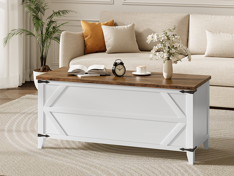 HOOBRO 47.2" Coffre à jouets, Banc de rangement avec charnières de sécurité, Rangement du coffre à jouets, Coffre de rangement en bois pour chambre à coucher, Salon, Blanc et Noyer