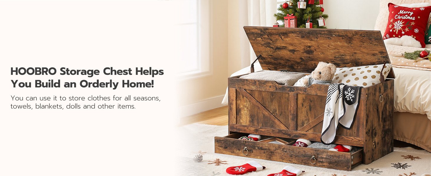 Coffre de rangement, 39.3" Coffre jouet avec tiroir, Banc de rangement en bois, Supports de banc d