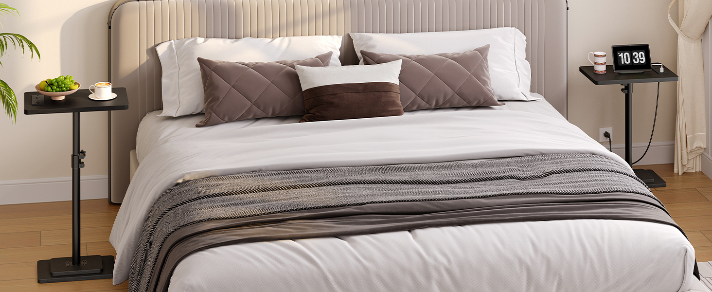 Adjustable Height End Table, 360° Swivel Narrow Side Table with Charging Station, Narrow Sofa Bedside Table for Small Space, Living Room, Bedroom, Black