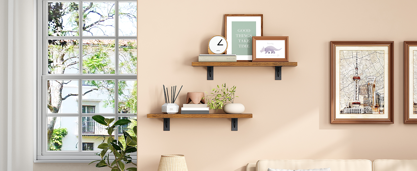 Wall-Mounted Floating Shelves (Set of 2), Wooden Storage Shelves with Metal Brackets, Suitable for Living Room, Bedroom, Bathroom, Rustic Brown and Black