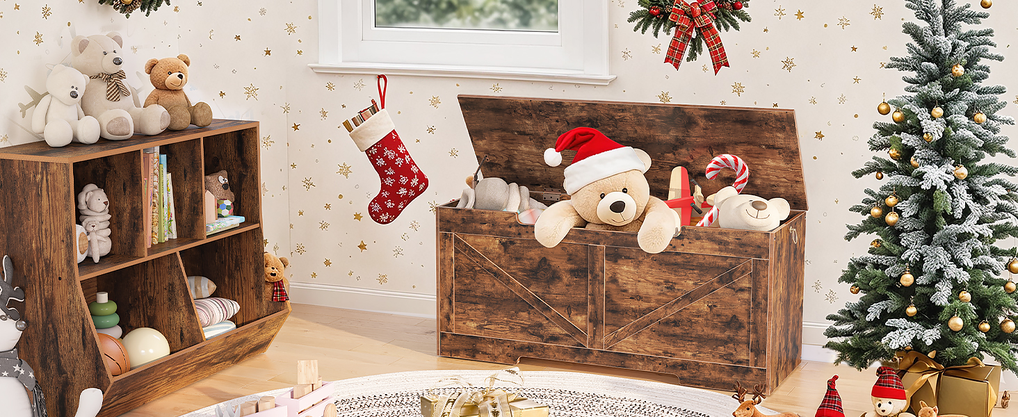 HOOBRO Storage Bench, 43.3” Retro Wooden Storage Chest with U-Shaped Cut-Out Pull, Safety Hinge, Supports 220 lb and Easy Assembly for Toy Box Organizer (Rustic Brown)