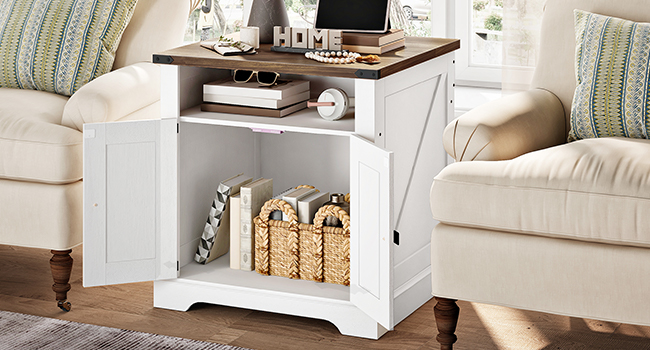 طاولة نهاية المزرعة البيضاء مع محطة الشحن, 24" غرفة معيشة طاولات نهاية كبيرة, طاولة جانبية أريكة مع باب الحظيرة, طاولة سرير من ناشئة مربع خشبية, فليب توب, الأبيض والجوز