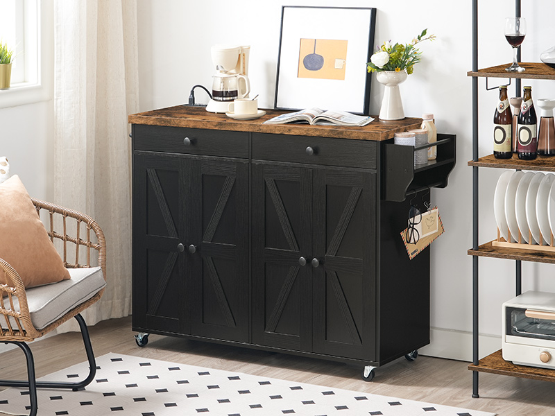 Kitchen Island with Power Outlet, 110cm Rolling Island with Storage, Kitchen Cart with Spice Rack and Hooks, for Living Room, Rustic Brown and Black