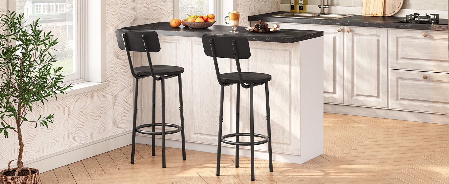 Bar Stools (Set of 2), Round Backrest Bar Chairs, 64.0cm Counter Height Stools for Kitchen Island, Dining Room, Sturdy Construction, Easy Assembly, Black